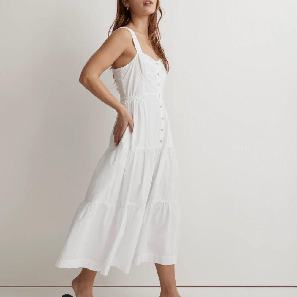 Madewell Button- Front Tiered Midi Dress Eyelet White Size 10